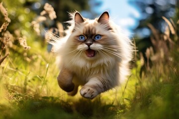 Naklejka na ściany i meble Lifestyle portrait photography of a smiling ragdoll cat pouncing isolated in beautiful nature scene