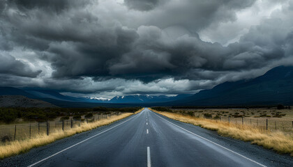 straight asphalt road going into  mountains on he horizon, heavy dark clouds above mountains