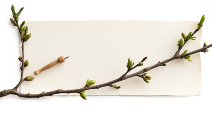 The first spring shoots on an empty branch with a sheet of paper for text with a wooden pin isolated on a white background