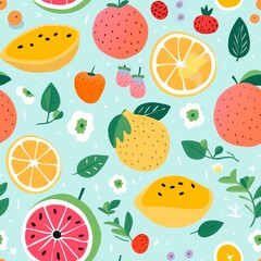 Bright and colorful fruit illustrations, including watermelon and lemon, mixed with flowers on a soft pastel background.
