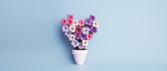 A creative and romantic heart-shaped arrangement of multicolored flowers in a white pot against a pastel blue background.
