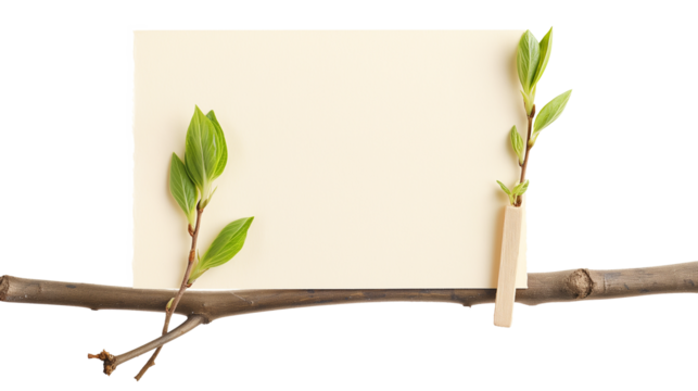 The first spring shoots on an empty branch with a sheet of paper for text with a wooden pin isolated on a white background