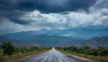 Naklejka premium straight asphalt road going into mountains on he horizon, heavy dark clouds above mountains