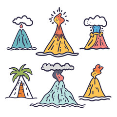 Six colorful cartoonstyle volcanoes erupting, tropical, ash clouds. Handdrawn vibrant volcanoes, lava, eruption, nature danger theme. Various volcano types, palm tree, explosive eruptions, geology © Vectorvstocker