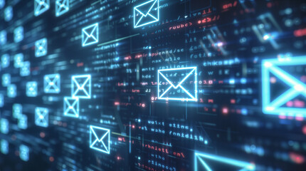 Scam emails, flooded email inbox with phishing attempts and potential hack, email hacking concept, it security risk, encryption and hacking, spam and safety