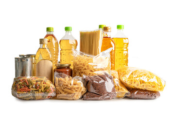 Foodstuff for donation, storage and delivery. Various food, pasta, cooking oil and canned food in...
