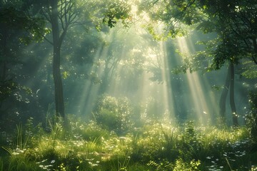 Obraz premium Sunlight filtering through trees in a grassy forest with wildflowers
