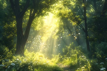 Fototapeta premium Sunlit path in forest with trees and foliage