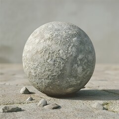 A stone ball among rocks on the ground