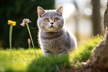 Full-length portrait photography of a cute british shorthair cat corner rubbing while standing against beautiful nature scene