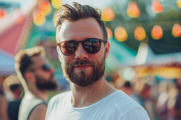 Image of cheerful handsome man enjoy summer weekend fair made with generative AI
