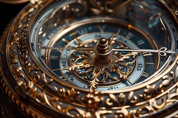 A close up of a gold clock with a blue face