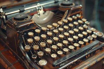 A typewriter closeup with numerous keys on a desk - obrazy, fototapety, plakaty