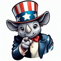 Rhino 4th of July patriotic American flag Independence day Mascot Logo Character for Celebration USA (United State) Cartoon Clipart For Presidential Election