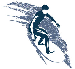 vector black and white drawing of a surfer on a board riding the waves at sea