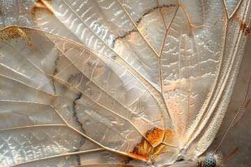 A close up of a butterfly wing with a white background
