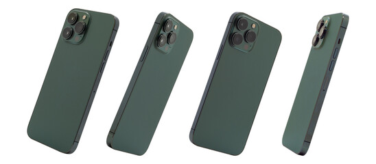 back view of green smartphone mockup isolated with clipping path on transparent background.