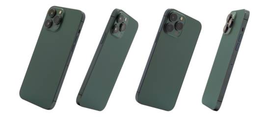 back view of green smartphone mockup isolated with clipping path on transparent background.