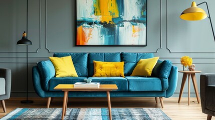A blue couch with yellow pillows sits in front of a painting