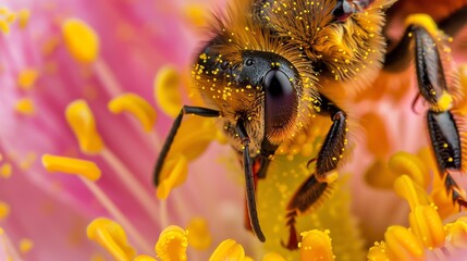 A bee pollinating a flower. The bee is covered in pollen. The flower is pink and yellow. The bee is black and yellow. The bee is fuzzy.