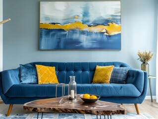 A blue couch with yellow pillows sits in front of a painting