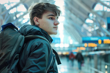 Fototapeta premium Generative AI composition image of traveling concept young person woman man at airport bus railway station