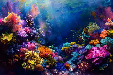 Colorful painting of a coral reef with exotic fish and vibrant corals