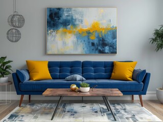 A blue couch with yellow pillows sits in front of a painting