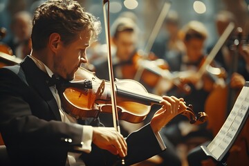 Fototapeta premium Man in a tuxedo playing violin in orchestra