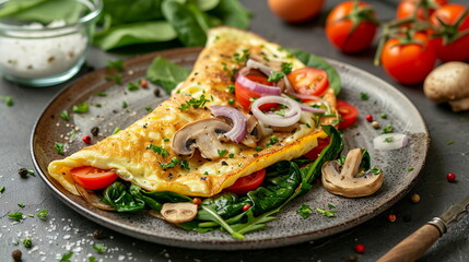 Egg white omelette filled with spinach, tomatoes, onions, and mushrooms.