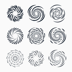 Set of spiral elements. Spiral icon set. Swirl, helix, gyre, curl, loop symbol. Flat design. Vector illustration