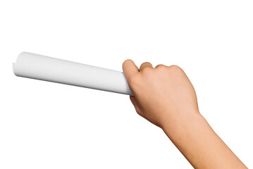 Hand holding white paper isolated on transparent background. Rolled paper, roll. PNG
