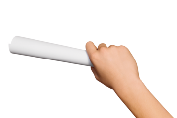 Hand holding white paper isolated on transparent background. Rolled paper, roll. PNG