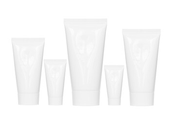 Set of tubes, five blank packaging white plastic tube for cream and cosmetic product design...