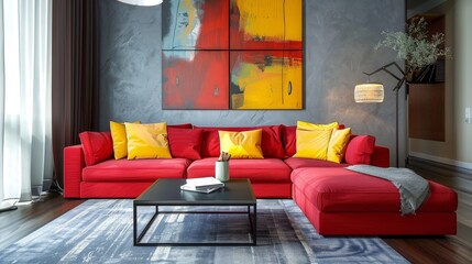 A living room with a red couch and yellow pillows