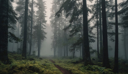 Obraz premium Landscape Green coniferous forest in the fog.