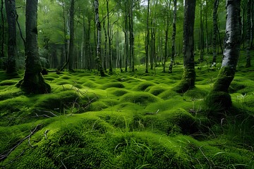 Moss covered forest floor with trees and foliage