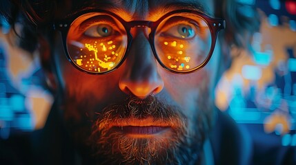 A dramatic, cinematic view of an urban planner during a late-night session, with the glow of the city map on the monitor reflecting in their glasses.