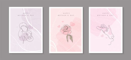 Happy Mother's Day with line art child, hands, flowers and hearts. mom hugging her baby. hand drawn for Happy International Mother's Day card, loving family, parenthood childhood concept. vector.