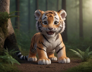 Obraz premium happy little tiger playing in the woods, cute tiger in wild forest, with trees and plants around, digital art