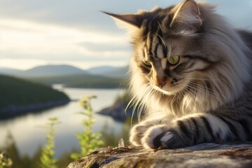 Obraz premium Close-up portrait photography of a happy norwegian forest cat sharpening her nails on beautiful nature scene