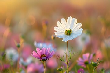 Two white flowers among purple blooms in field
