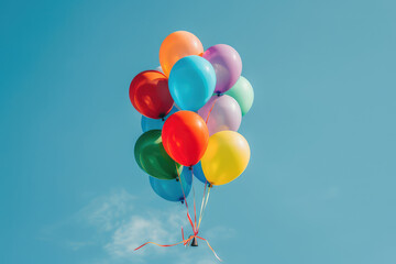 Obraz premium Bunch of colorful helium balloons are floating high up in blue sky