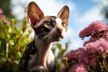 Medium shot portrait photography of a happy cornish rex cat skulking in beautiful nature scene