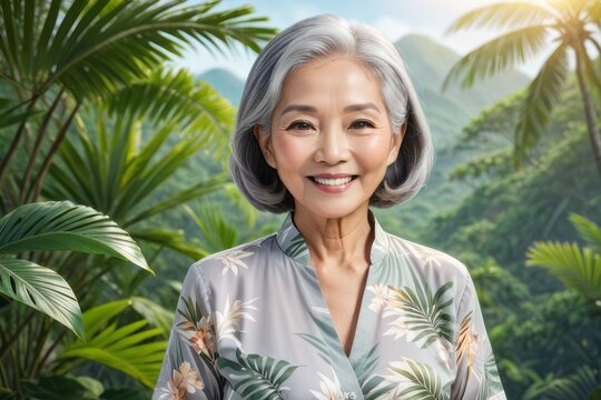 a serene portrait of an elderly Asian lady on a tropical holiday, setting the perfect tone for your promotional text.