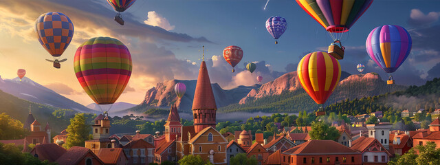 Fototapeta premium Enchanting drone capture of assorted balloons gently ascending with a picturesque village backdrop, suitable for leisure or eventrelated content