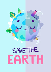 Cartoon ecology poster with sad earth planet.Vector banner about environmental problem of air pollution for kids.