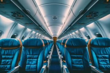 Fototapeta premium Empty passenger seats in cabin of the aircraft. Plane interior. Business class