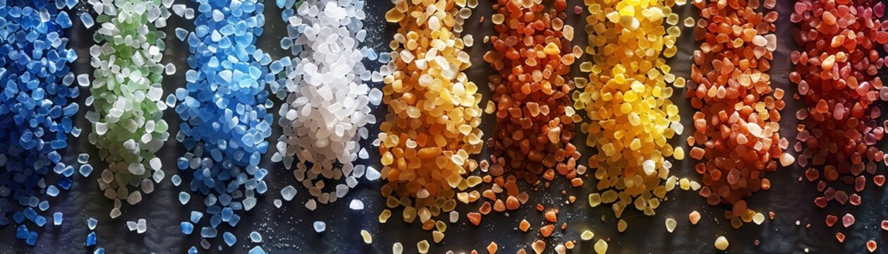 A variety of salts including Dead Sea salt, pink salt, and black salt.