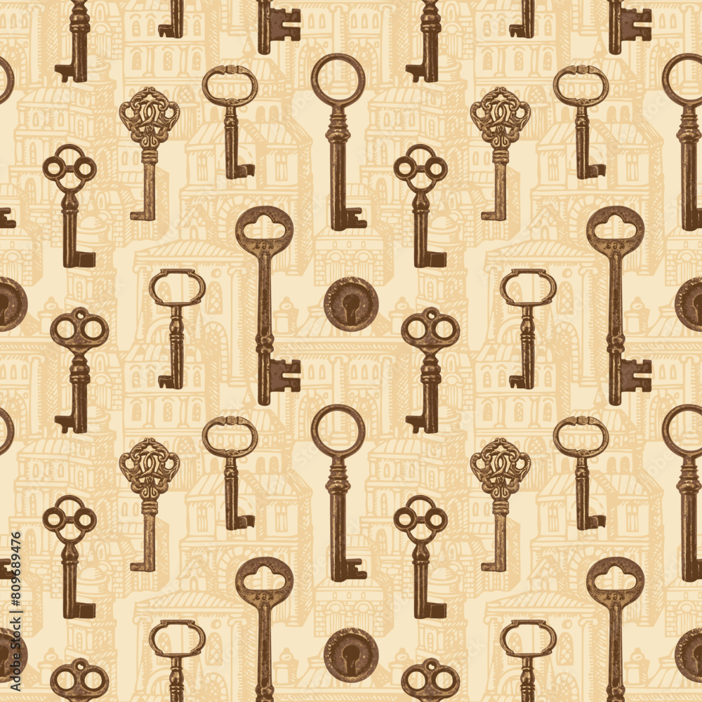 Aufkleber seamless pattern with old wintage keys on background of old hand-drawn buildings. vector repeating b